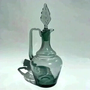 Vintage Hand Blown Blue Glass Decanter Cruet Leaf Shaped Stopper 9.5” Tall
